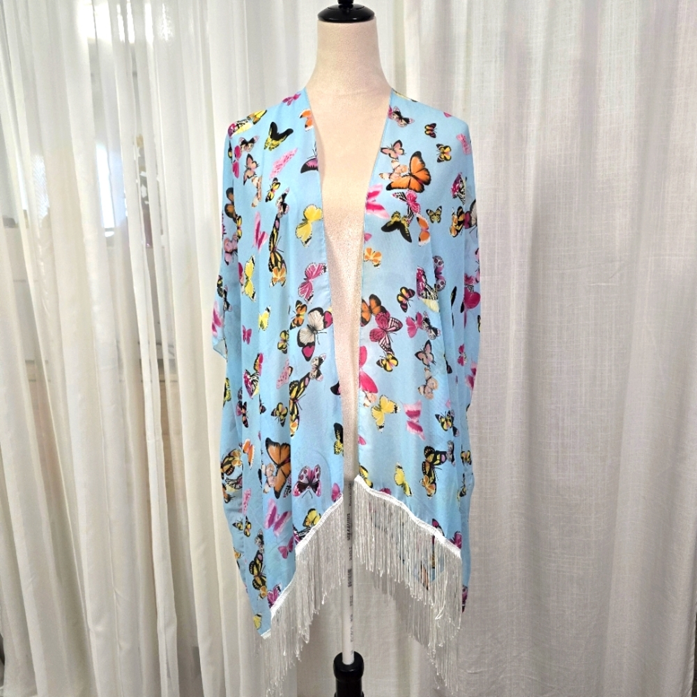 2/$30 Pastel Powder Baby Blue Butterfly Print Kimono Kaftan Coverup‎ Womens OS